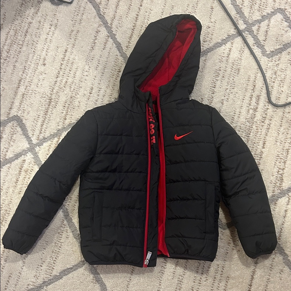 Nike Kids Black and Red Hooded Puffer Jacket